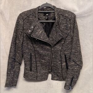 H&M Biker Jacket Womens Zippers Lightweight Black Textured Sparkle Size 10 Grey